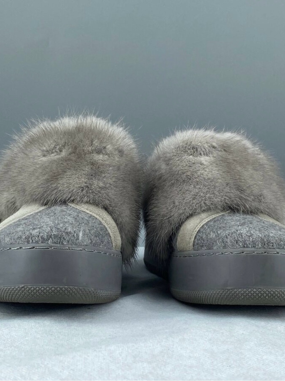 MaxMara Gray Fur-Trim Slip-Ons